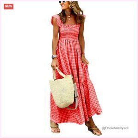 Dresses & Skirts - Retro Plaid Smocked Dress with Pockets, Spaghetti Strap, Flounce Hem